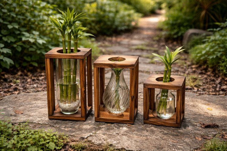 گلدان شیشه و چوب ترکیبی
